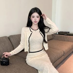 French Style Knit Hollow Pattern Three-Piece Set for Women