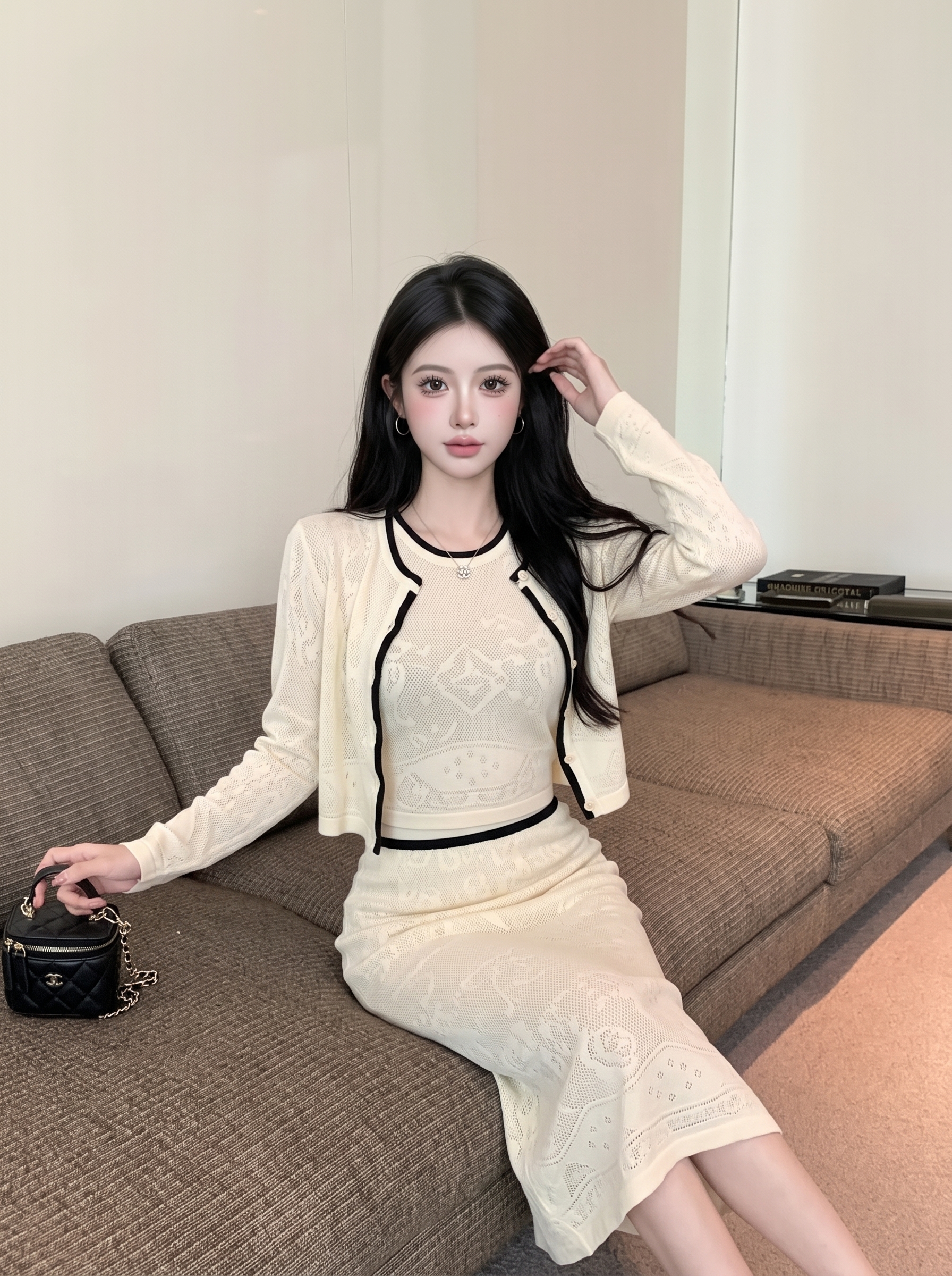 French Style Knit Hollow Pattern Three-Piece Set for Women