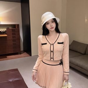 Korean Style Knit Cardigan and Pleated Skirt Two-Piece Set for Women