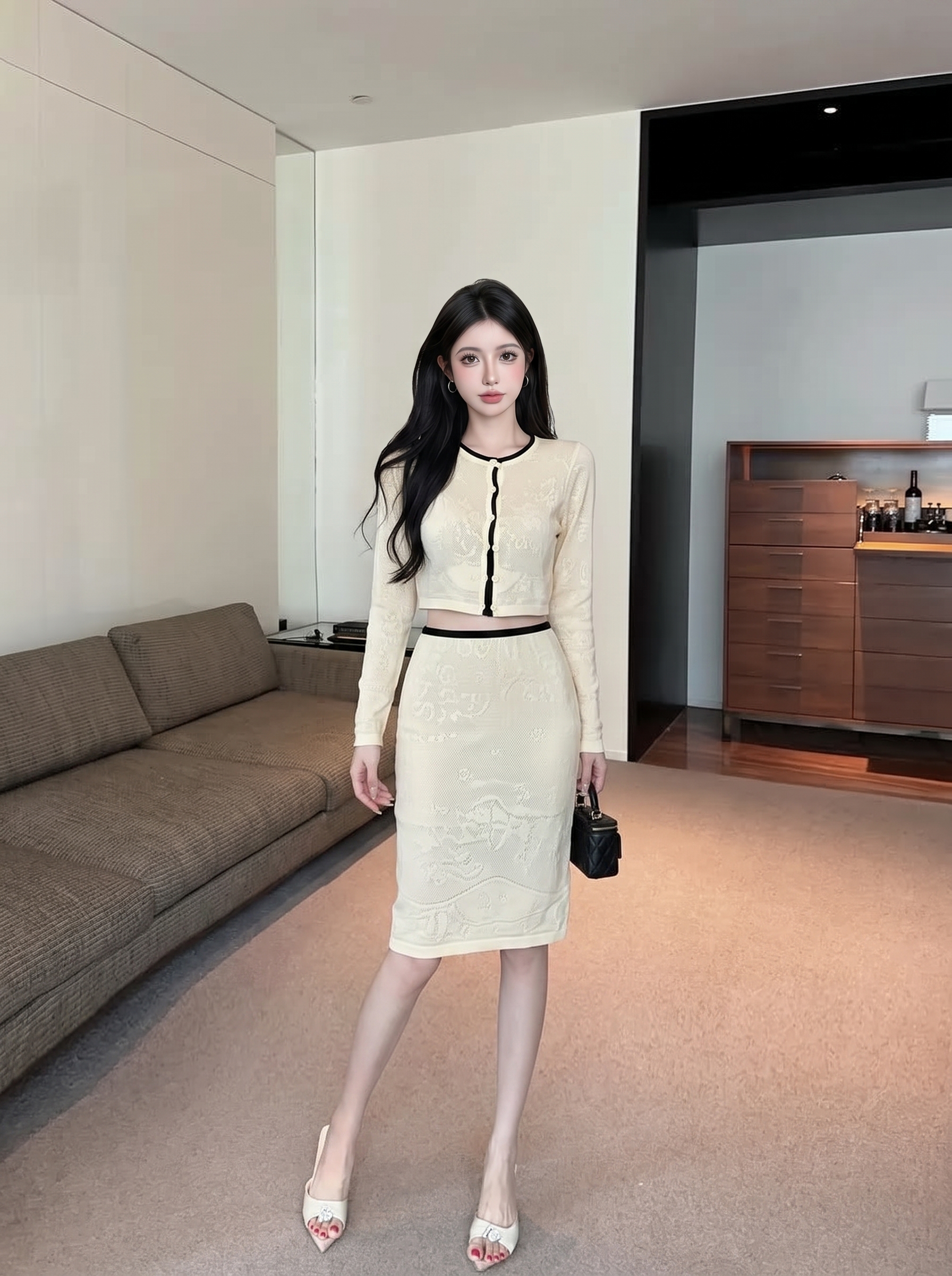 French Style Knit Hollow Pattern Three-Piece Set for Women - Image 2