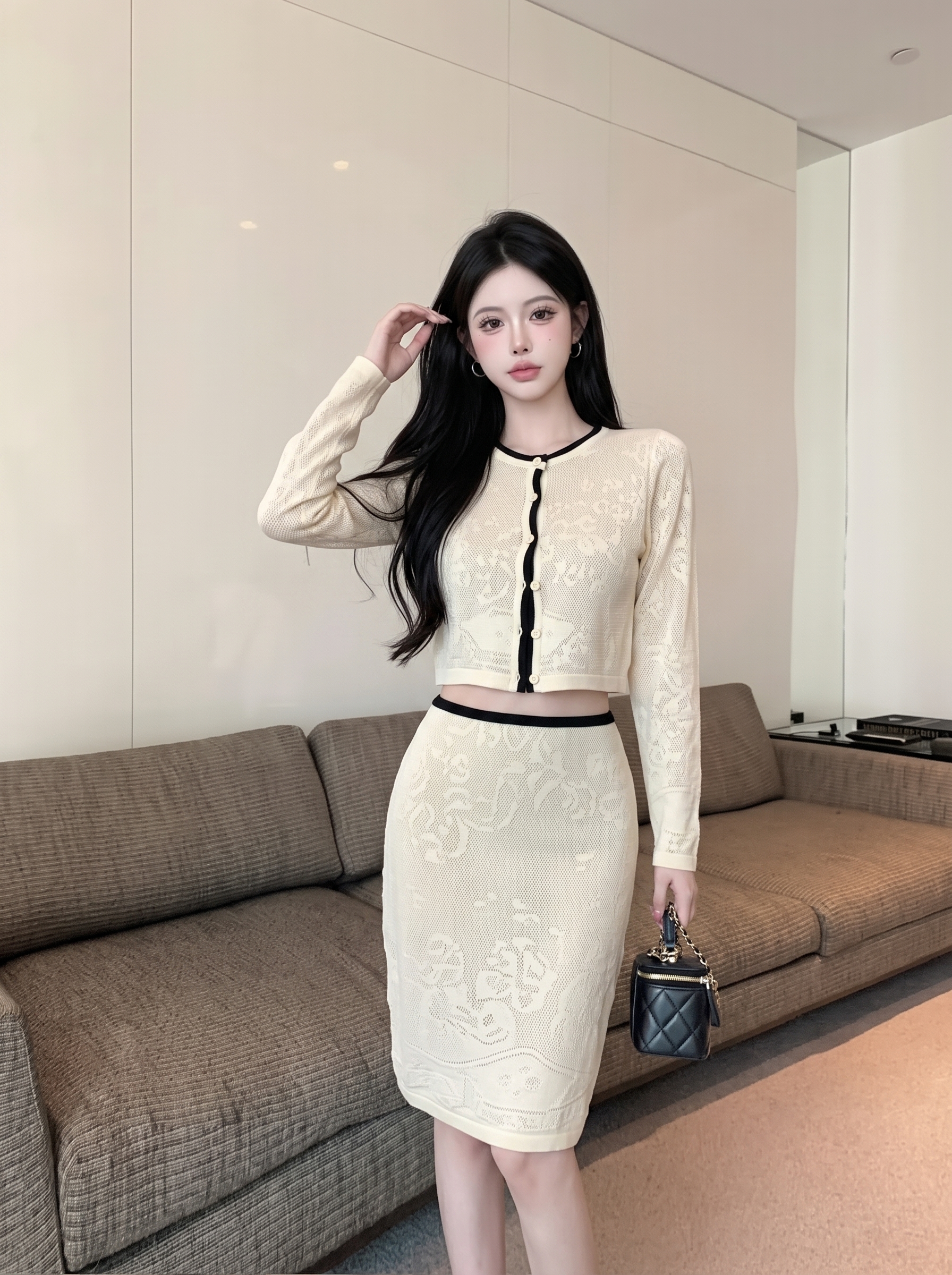 French Style Knit Hollow Pattern Three-Piece Set for Women - Image 3